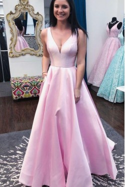 A-Line Long Pink V-Neck Prom Dresses Formal Evening Gowns 6011438