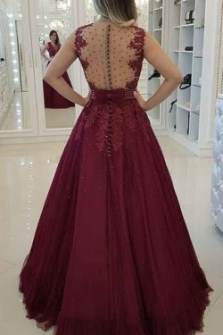 A-Line Beaded Lace Long Prom Dresses Formal Evening Gowns 6011442