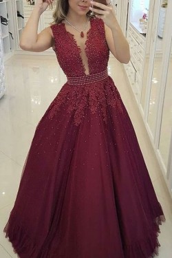 A-Line Beaded Lace Long Prom Dresses Formal Evening Gowns 6011442