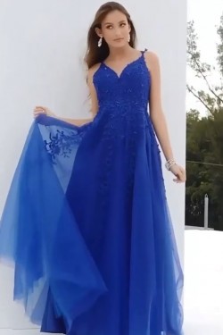 A-Line Beaded Lace Long Tulle Prom Dresses Formal Evening Gowns 6011448