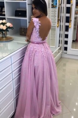 A-Line Beaded Lace Long Tulle Prom Dresses Formal Evening Gowns 6011449