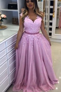 A-Line Beaded Lace Long Tulle Prom Dresses Formal Evening Gowns 6011449