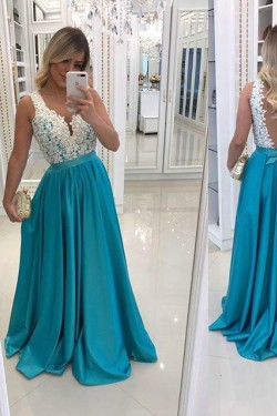 A-Line Beaded Lace Long Prom Dresses Formal Evening Gowns 6011455