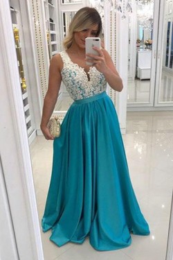 A-Line Beaded Lace Long Prom Dresses Formal Evening Gowns 6011455