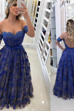 A-Line Lace Off-the-Shoulder Long Prom Dresses Formal Evening Gowns 6011457