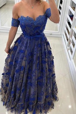 A-Line Lace Off-the-Shoulder Long Prom Dresses Formal Evening Gowns 6011457