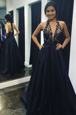 A-Line Halter Lace Long Prom Dresses Formal Evening Gowns 6011465