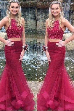 Mermaid Two Pieces Beaded Lace Long Prom Dresses Formal Evening Gowns 6011475