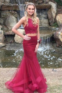 Mermaid Two Pieces Beaded Lace Long Prom Dresses Formal Evening Gowns 6011475