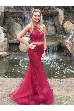 Mermaid Two Pieces Beaded Lace Long Prom Dresses Formal Evening Gowns 6011475
