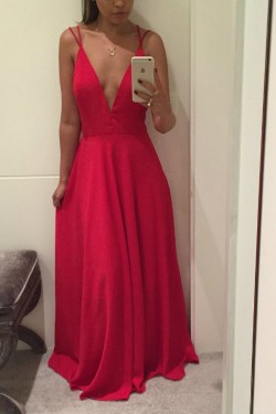 A-Line Long Red V-Neck Prom Dresses Formal Evening Gowns 6011479