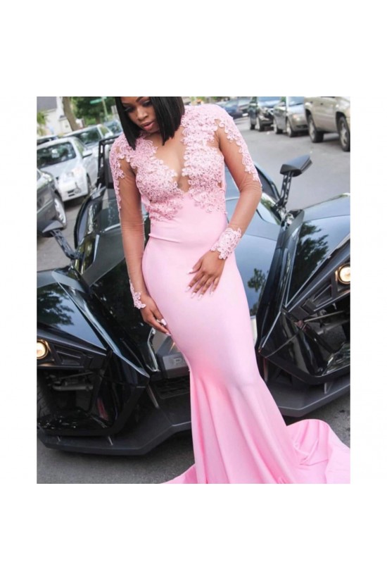 Mermaid Lace Long Sleeves Pink Prom Dresses Formal Evening Gowns 6011490 Mermaid Lace Long Sleeves Pink Prom Dresses Formal Evening Gowns 6011490