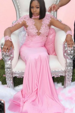 Mermaid Lace Long Sleeves Pink Prom Dresses Formal Evening Gowns 6011490