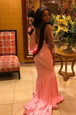 Mermaid Lace Long Sleeves Pink Prom Dresses Formal Evening Gowns 6011491