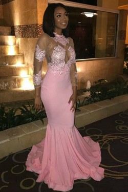 Mermaid Lace Long Sleeves Pink Prom Dresses Formal Evening Gowns 6011491