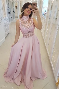 A-Line Beaded Lace Long Pink Prom Dresses Formal Evening Gowns 6011499