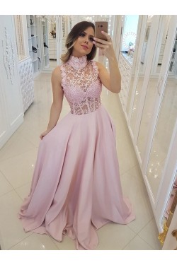 A-Line Beaded Lace Long Pink Prom Dresses Formal Evening Gowns 6011499
