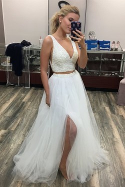 A-Line Beaded Two Pieces Long Prom Dresses Formal Evening Gowns 6011500