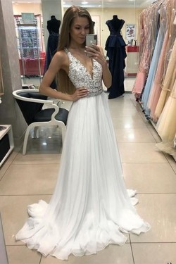 A-Line Beaded V-Neck Long Prom Dresses Formal Evening Gowns 6011502