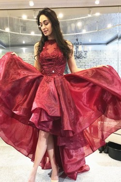 High Low Beaded Lace Appliques Long Prom Dresses Formal Evening Gowns 6011509