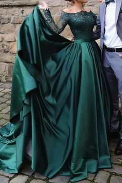 A-Line Long Sleeves Lace Satin Long Prom Dresses Formal Evening Gowns 6011512