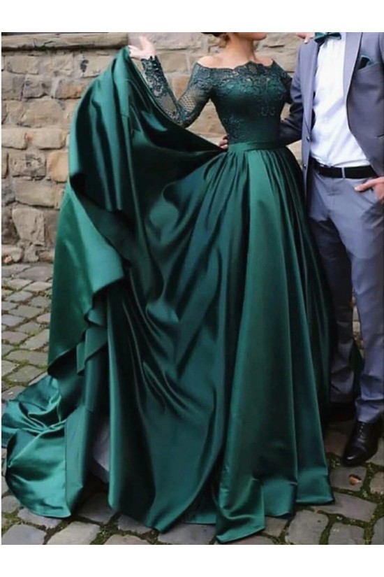 A-Line Long Sleeves Lace Satin Long Prom Dresses Formal Evening Gowns 6011512 A-Line Long Sleeves Lace Satin Long Prom Dresses Formal Evening Gowns 6011512