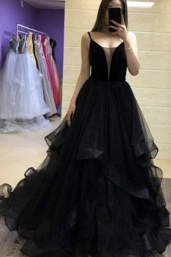 Long Black Tulle Prom Dresses Formal Evening Gowns 6011519