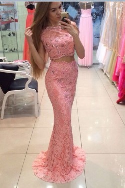Mermaid Two Pieces Beaded Lace Long Prom Dresses Formal Evening Gowns 6011522