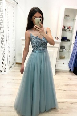 A-Line Beaded Lace Long Prom Dresses Formal Evening Gowns 6011524