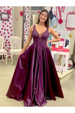 A-Line Lace V-Neck Long Prom Dresses Formal Evening Gowns 6011540