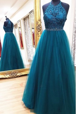 A-Line Beaded Lace Tulle Long Prom Dresses Formal Evening Gowns 6011544