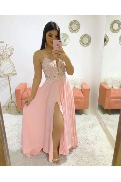 A-Line Chiffon Lace Beaded Long Prom Dresses Formal Evening Gowns 6011545