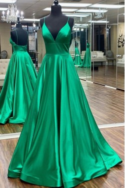 A-Line Long Green Satin Prom Dresses Formal Evening Gowns 6011552
