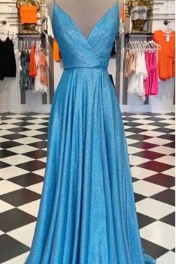 A-Line Sparkle V-Neck Long Prom Dresses Formal Evening Gowns 6011553
