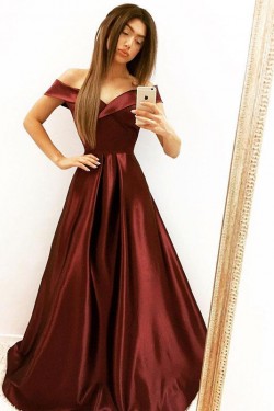 A-Line Satin Off-the-Shoulder Long Prom Dresses Formal Evening Gowns 6011555