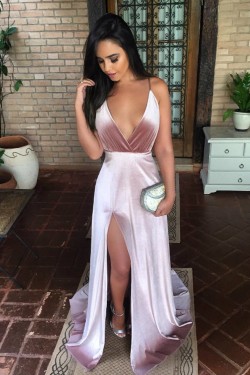 A-Line Deep V-Neck Long Prom Dresses Formal Evening Gowns 6011557