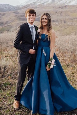 A-Line Strapless Beaded Long Prom Dresses Formal Evening Gowns 6011562