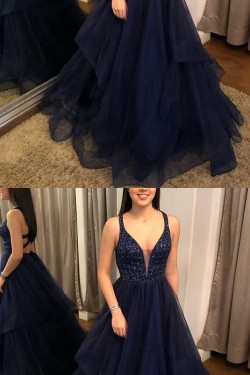 A-Line Navy Blue Long Prom Dresses Formal Evening Gowns 6011563