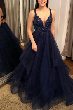 A-Line Navy Blue Long Prom Dresses Formal Evening Gowns 6011563