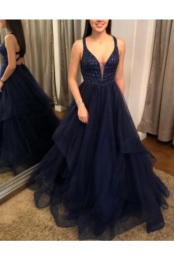 A-Line Navy Blue Long Prom Dresses Formal Evening Gowns 6011563