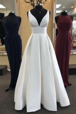 A-Line V-Neck Long Ivory Prom Dresses Formal Evening Gowns 6011566