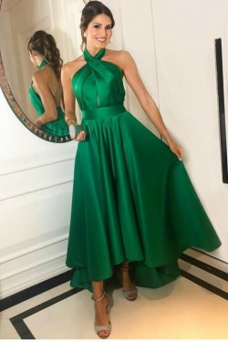 High Low Asymmetrical Long Green Halter Prom Dresses Formal Evening Gowns 6011571