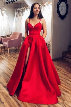 A-Line Long Red Satin Prom Dresses Formal Evening Gowns 6011576