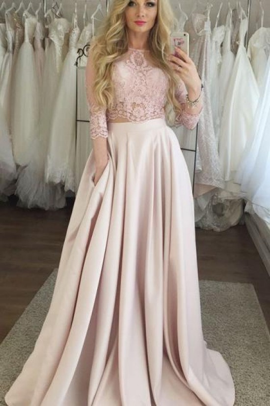 A-Line Lace Satin Two Pieces Long Prom Dresses Formal Evening Gowns 6011577 A-Line Lace Satin Two Pieces Long Prom Dresses Formal Evening Gowns 6011577