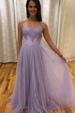 A-Line Beaded Lace Tulle Long Prom Dresses Formal Evening Gowns 6011582