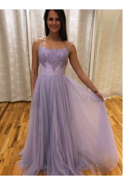 A-Line Beaded Lace Tulle Long Prom Dresses Formal Evening Gowns 6011582