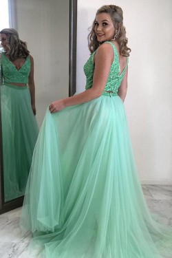 A-Line Beaded Two Pieces Long Prom Dresses Formal Evening Gowns 6011584