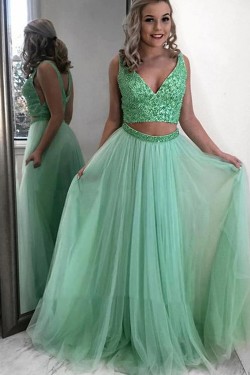 A-Line Beaded Two Pieces Long Prom Dresses Formal Evening Gowns 6011584