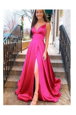 A-Line Long Satin V-Neck Prom Dresses Formal Evening Gowns 6011590