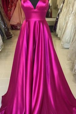 A-Line Long Satin V-Neck Prom Dresses Formal Evening Gowns 6011591